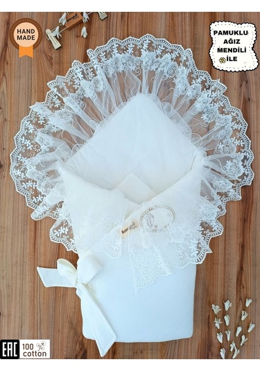Dantelli Bebek Battaniyesi %100 Pamuklu Doğal Organik Uyku Kundağı Hediyelik Yenidoğan Mevlütlük Beyaz