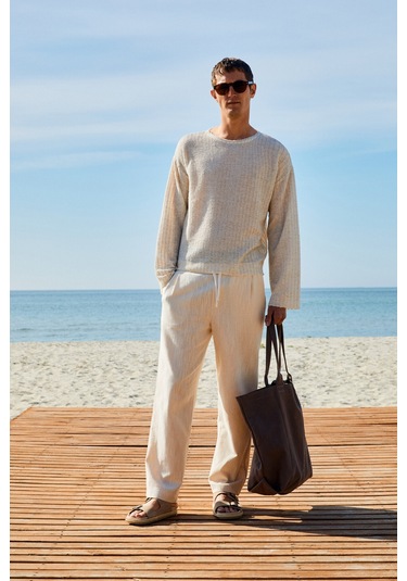 EDVIN Erkek Beli Lastikli Yanları Cepli Keten Karışımlı Relaxed Fit Ekru Pantolon