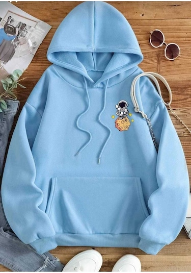 Kozia Outdoors Kopya - Malkoçbey The Galaxy Baskılı Kapüşonlu Sweatşhirt Mavi Mavi