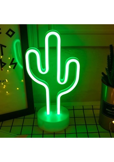 Honeybeeshop Pil İle Calisan Neon Kaktus Masa Lambasi Yesil 29.5x10x14 Cm Modern Plastik Uplight Anahtar Kontrolu Ev Ofis Kafe Dekoru Ideal Yeşil
