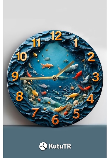 Akvaryum Ve Balık Temalı Mdf Duvar Saati 3d Görünümlü, Sessiz Quartz Mekanizma, 2d Hd Baskı Sdw243 Renkli