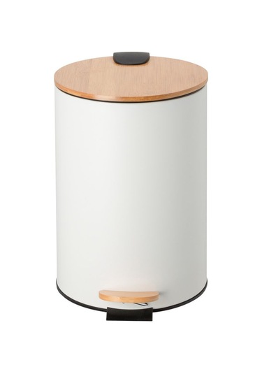 Bambu Kapaklı Pedallı Metal Çöp Kovası - 12 Lt. - Beyaz Beyaz