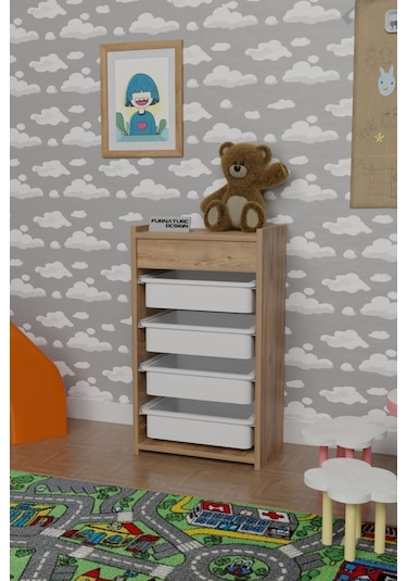 Çok Amaçlı 4 Sepetli Oyuncak Dolabı Atlantik Çam - Beyaz Kahverengi