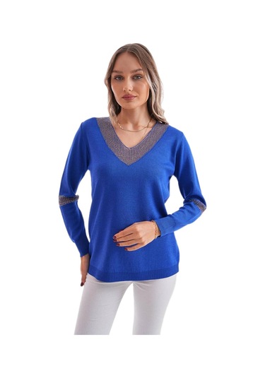 Kadın V Yaka Simli Kol Detaylı Kazak 12787 Bgl-st04108 Saks Mavi