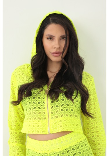 Kapuşonlu Dantel Bluz Neon Sarı