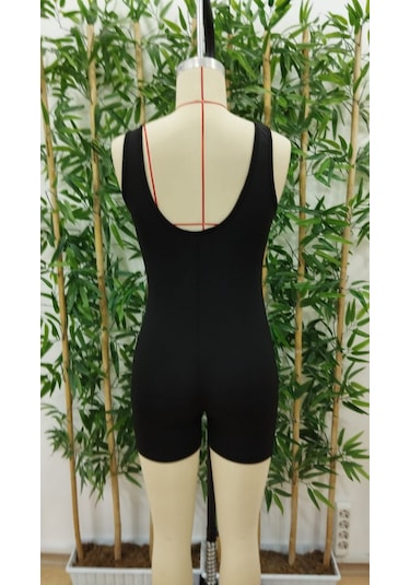 Kadın Kare Yaka Sırt Dekolte Detay Dalgıç Bodycon Mini Tulum Siyah