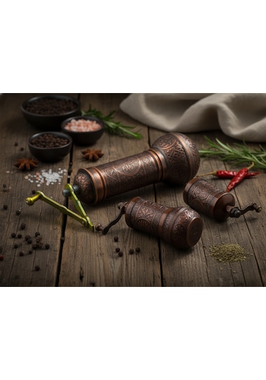 Zamak Metal Bakır Renk 3 Lü Set Karabiber,kahve,çörek Otu El Değirmeni Öğütücü Grinder Bakır