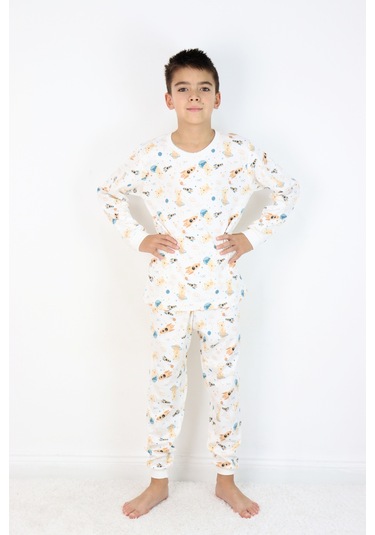 Erkek Çocuk Baskılı İnterlok Kumaş Uzun Kollu Pijama Takımı Beyaz - Gri