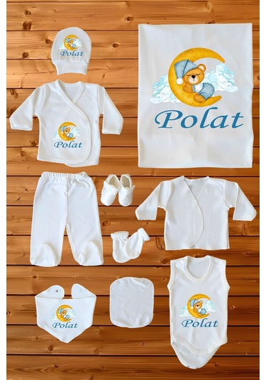 %100 Pamuk Baskılı 10 Lu Isimli Organik Erkek Bebek Hastane Çıkışı Beyaz