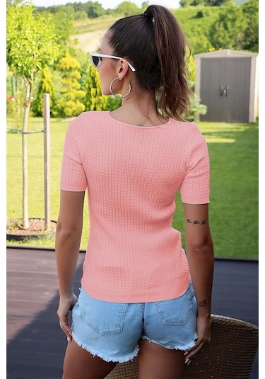 V Yaka Kısa Kol Pudra Bluz Pudra