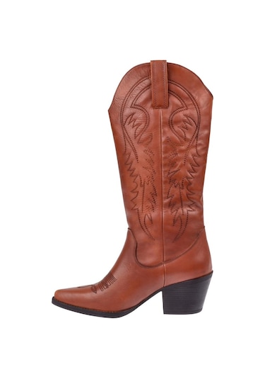 Pullman Hakiki Deri İşlemeli Western Kadın Çizme Plm-011 Taba Taba