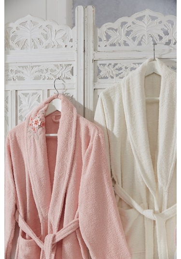 Family Nakışlı Pembe & Krem Aile Bornoz Seti 6 Parça Çeyizlik Kad