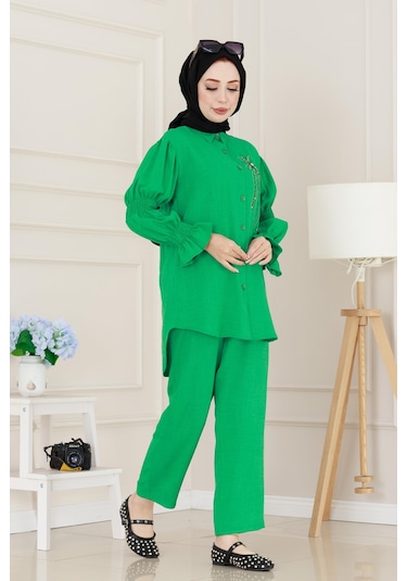 Önü Taşlı Kolu Lastikli İkili Takım-yeşil-5101 Yeşil