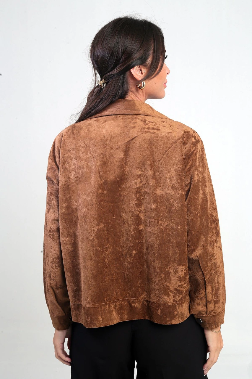 Kadın Torba Cepli Önü Fermuarlı Süet Mont-41955 Taba