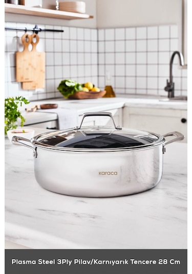 Karaca  Plasma Steel 3Ply İndüksiyon Tabanlı Çelik Pilav/Karnıyarık Tencere 28 Cm