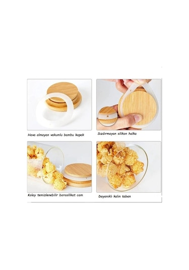 Qerhome 12 Adet Bambu Kapaklı Borosilikat Cam Kavanoz Mini 200 Ml Kaşıklı ŞEffaf
