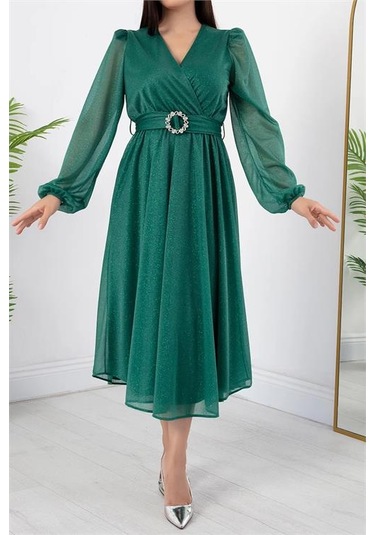 Neşeli Butik Kadın Kemer Ve Vatka Detaylı Simli Midi Elbise Rymy3590 Yeşil