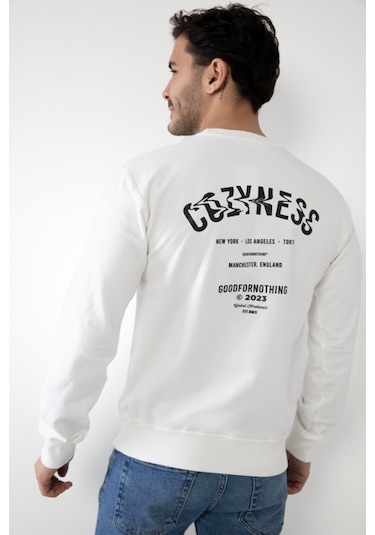 Cozyness Kapüşonsuz Baskılı Erkek Sweatshirt Beyaz