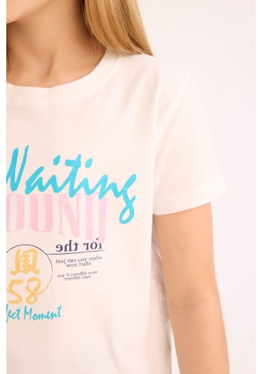 DeFacto Kız Çocuk Bisiklet Yaka Baskılı Kısa Kollu Tişört E0351A825SMWT34 Beyaz