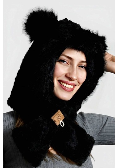 Uniquetrenders Kadın Kulaklıklı Boyun Bağlamalı Yumuşak Peluş Şapka Siyah