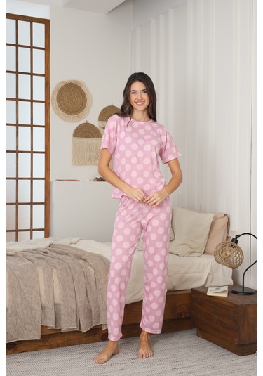 Kadın Yazlık Kısa Kol Penye Süprem Kumaş Pijama Takımı Koyu Pembe