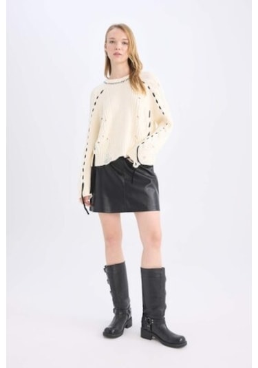 Defacto D3016ax24wnbk27 Coool A Kesim Yüksek Bel Suni Deri Kadın Mini Etek Siyah