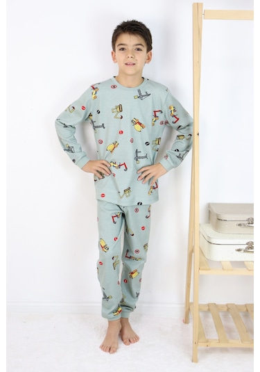 Erkek Çocuk Baskılı İnterlok Kumaş Uzun Kollu Pijama Takımı Açık Yeşil