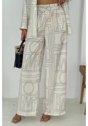 Geometrik Desen Modal Saten Takım Beyaz Beyaz