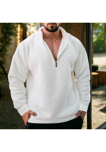 Erkek Yarım Fermuar Polar Kazak Üst Düz Renk Rüzgar Geçirmez Sonbahar Kış Uzun Kollu Yaka Kazak Beyaz