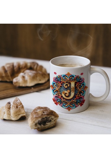 J Harfi Boho Bardak, Renkli Özel Tasarım Hediyelik Harfli Kupa, 330ml Porselen Beyaz