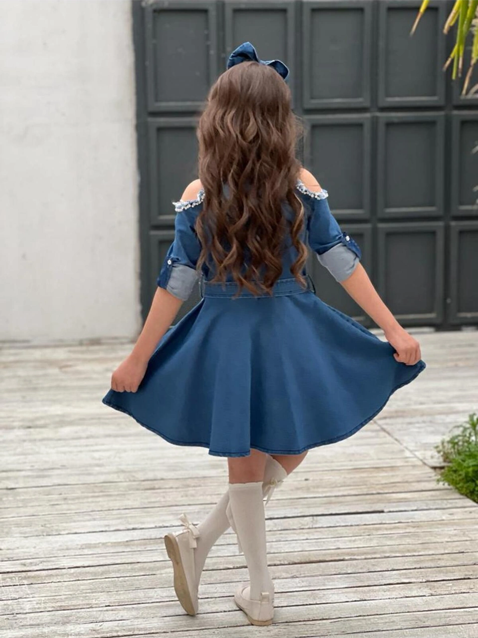 Çocuk Omuz Taşlı Püsküllü Kız Çocuk 5 Parça Kot Elbise Mavi