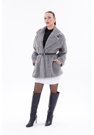 Kemer Detaylı-astarlı-düğmeli Kadın Kaban Gri