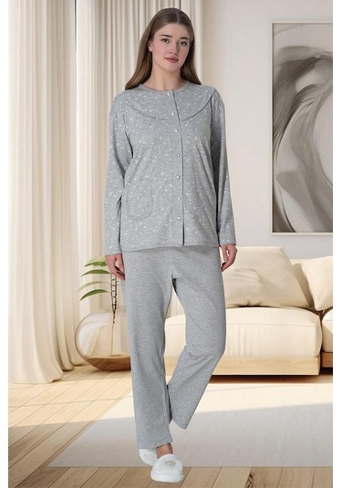 Mecit 6022 Bayan Gri Büyük Beden Boydan Düğmeli Pijama Takımı 001