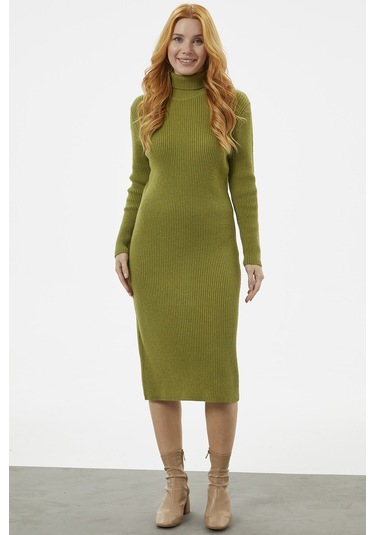 Tam Balıkçı Fitilli Midi Boy Triko Elbise - Yeşil 001
