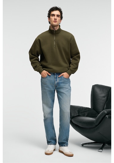 Grimelange Baxter Erkek Dik Yakalı Fermuarlı Relaxed Koyu Haki Sweatshirt Koyu Haki