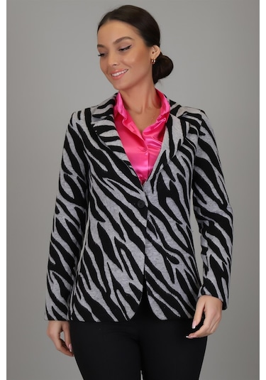 Sweetness Kadın Siyah Gri Zebra Desenli Astarsız Tek Düğme Ceket Gri