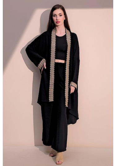 Kadın Siyah Şık Hasır Detaylı Kuşaklı Salaş Kimono - Tesettüre Uygun Siyah