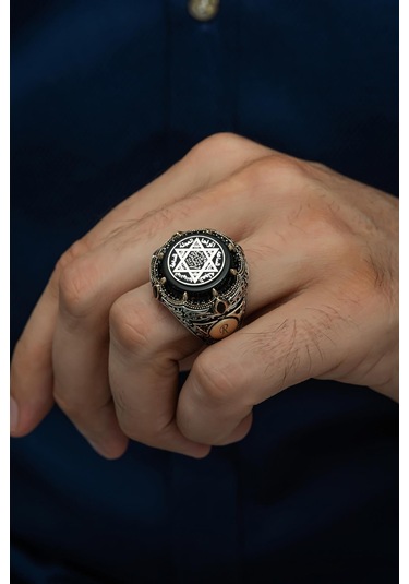 Mührü Süleyman Desenli Yuvarlak 925 Gümüş Erkek Yüzük