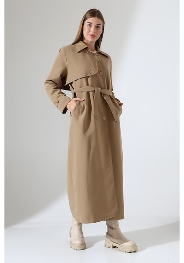 Amazon Keten Kumaş Uzun Boy Düğmeli Astarlı Yumuşak Dokulu Trenç Kot Vizon Vizon