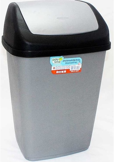 Polytime Sallanır Kapak Ofis Banyo Mutfak Bahçe Çöp Kutusu Kovası 10 L Gri 37x24x19 CM.