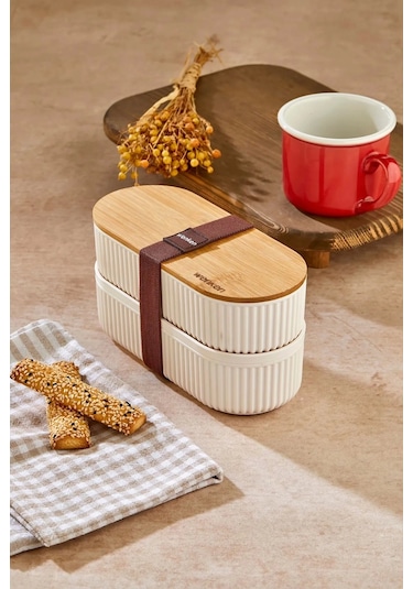 Bambu Kapaklı Lunch Box Kahvaltılık Saklama Kabı Large Bölmeli Çok Renkli