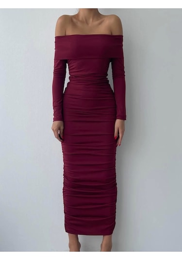 Dakota Drapeli Elbise Bordo