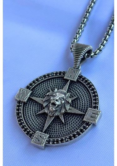 Aslanlı Pusula El İşçiliği Paslanmaz Çelik Zincir Erkek Kolye Gümüş