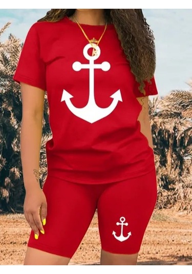 Gülsüm Aydın Kadın Kısa Kollu Çapa Baskılı Viskon Ikili Takım Kırmızı