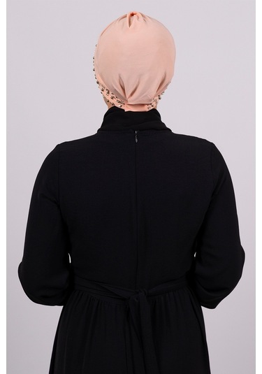 Somon Pratik Hazır Geçmeli Tesettür Bone Sandy Kumaş Taşlı 1456_3 Somon