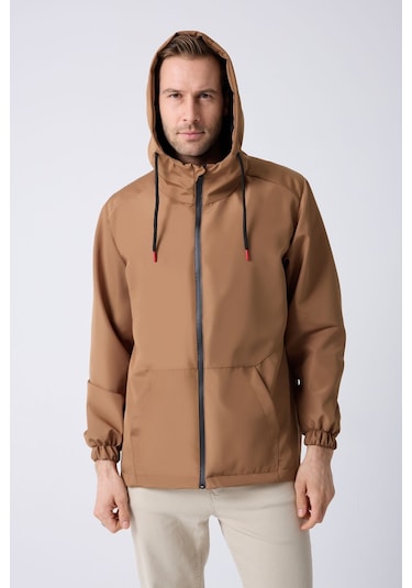 Freemen Erkek Taba Içi Astarlı Kanguru Cepli Su Ve Rüzgar Geçirmez Kapüşonlu Cepli Yağmurluk Taba
