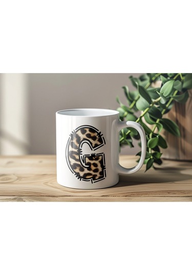 G Baş Harf Leopar Desenli Kupa Bardak - Kişiye Özel Feminen Konsept Hediye - Vahşi Hayvan Desenli Beyaz