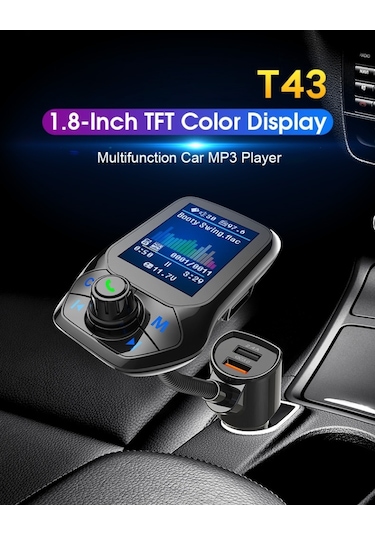 Sones T43 Araba Bluetooth Mp3 Çok Fonksiyonlu Büyük Renkli Ekran Qc3.0 Bluetooth Araç Şarjı Kayıpsız Araba Bluetooth Oynatıcı