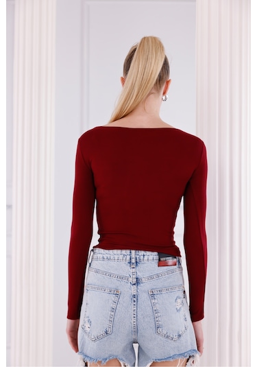 Qscob Buzzy Kumaş Uzun Kollu Kayık Yaka Bluz Bordo