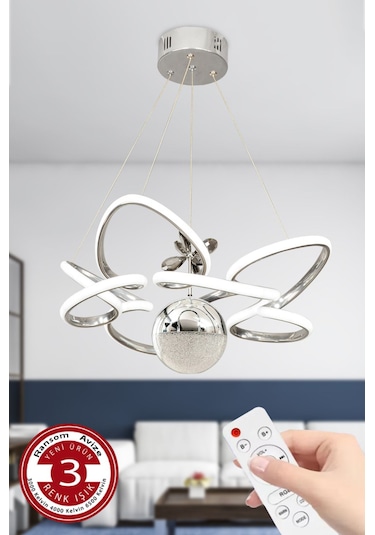 Ransom Modern 3 Renk Kumandalı Büyük Boy Toplu Salon Led Avize Krom